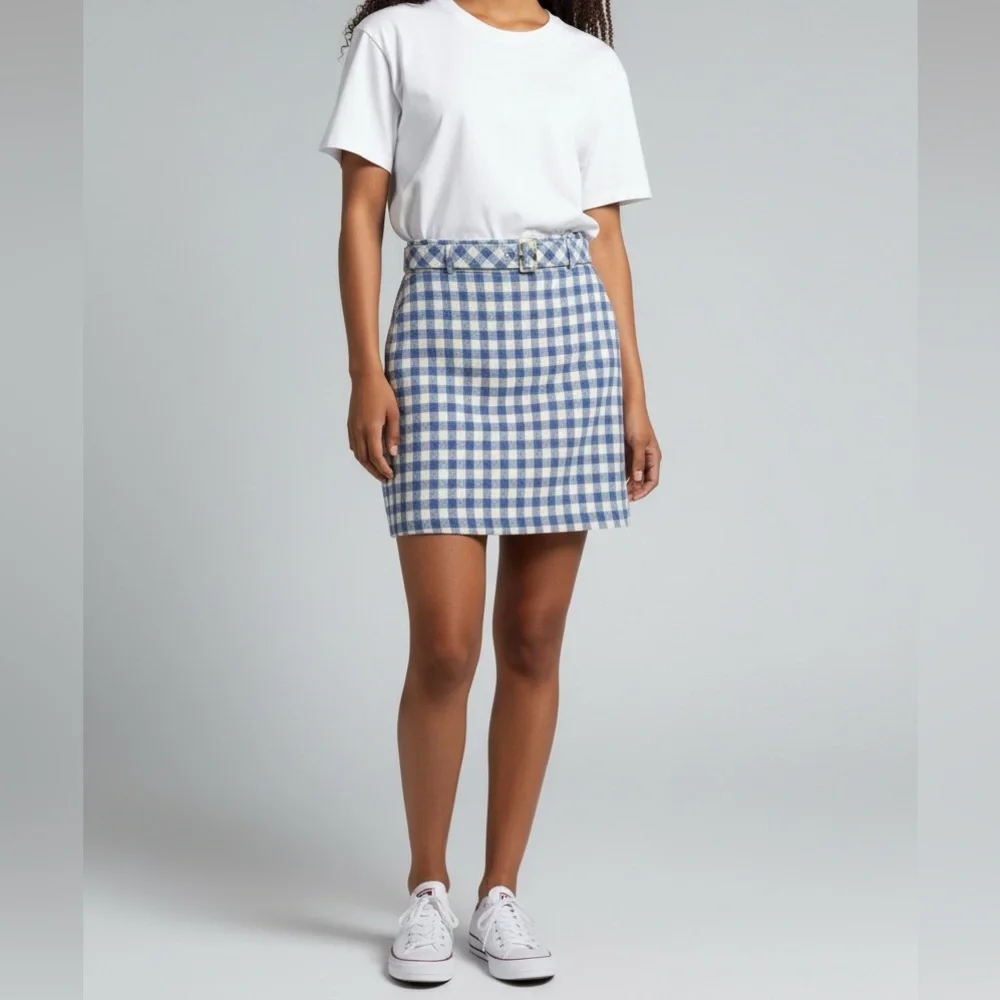 Ann Taylor Gingham Mini Skirt Blue White belted pencil skirt 4 Petite
